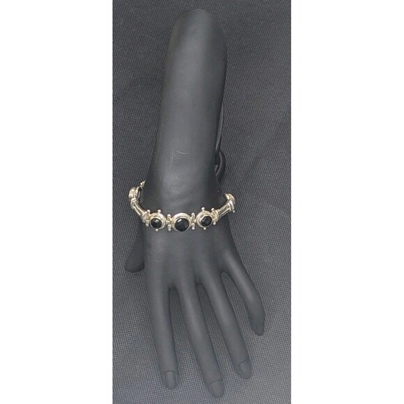 Artisan Gem Collection of India Jewelry - Sterling Silver & Black Spinel Round Checkerboard Toggle Bracelet, Adjustable